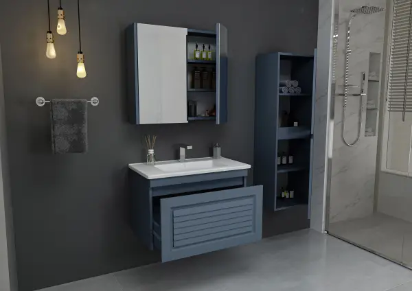 Helenka Bathroom Top-Bottom Washbasin Cabinets with Mirror, Sink & Side Cabinet Set - Ireland Blue
