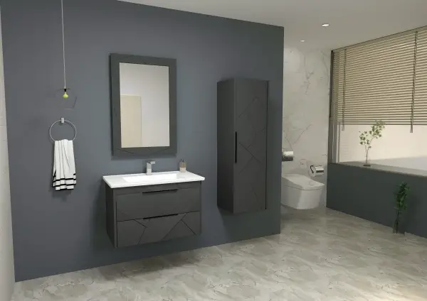 Keops Bathroom Washbasin Cabinet with Framed Wall Mirror, Sink & Side Cabinet Set - Anthracite
