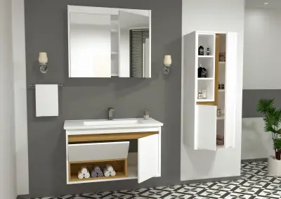 Arty Bathroom Top-Bottom Washbasin Cabinet with Mirror, Sink & Side Cabinet Set - Oak & Whit