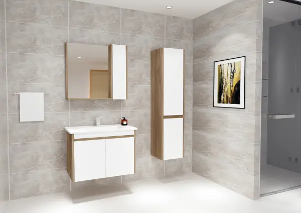 Maya Bathroom Top-Bottom Washbasin Cabinet Mirror, Sink & Side Cabinet Set - Walnut & White