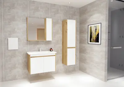 Maya Bathroom Top-Bottom Washbasin Cabinet Mirror, Sink & Side Cabinet Set - Oak & White