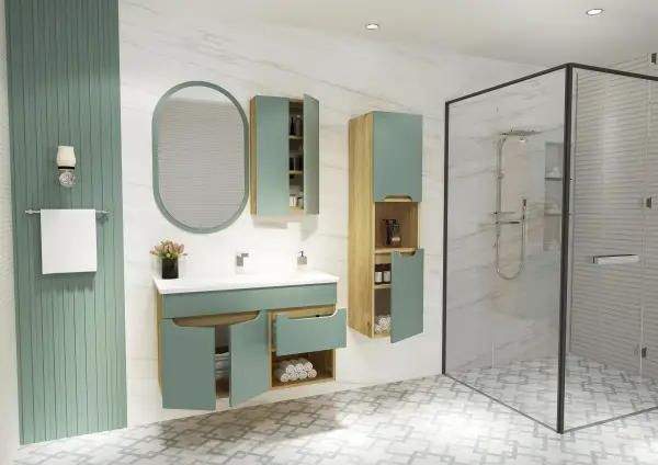 Alexa Bathroom Top-Bottom Washbasin Cabinet Mirror, Sink and Side Cabinet Set - Light Green & Oak