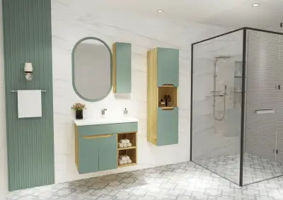 Alexa Bathroom Top-Bottom Washbasin Cabinet Mirror, Sink and Side Cabinet Set - Light Green & Oa