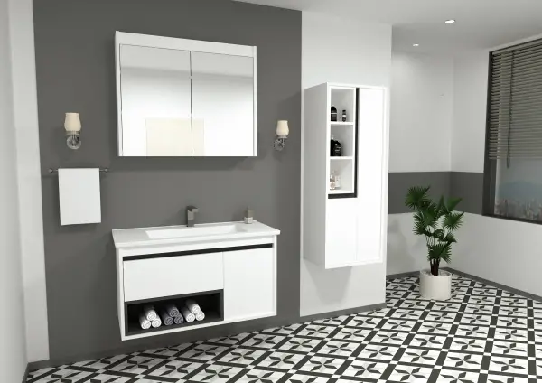 Arty Bathroom Top-Bottom Washbasin Cabinet Mirror, Sink & Side Cabinet Set - White & Anthracite