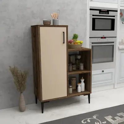 Beate Kitchen Cabinet with Shelves - Light Walnut & Beige