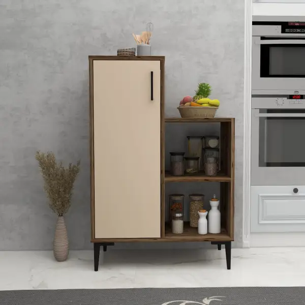 Beate Kitchen Cabinet with Shelves - Light Walnut & Beige