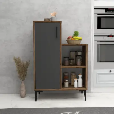 Beate Kitchen Cabinet with Shelves - Light Walnut & Anthracite