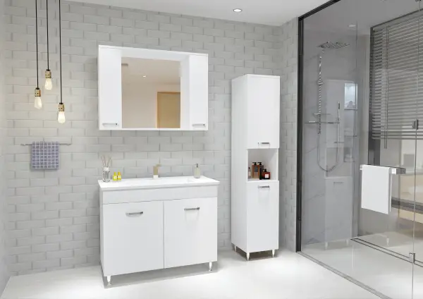 Bion Bathroom Top-Bottom Washbasin Cabinet with Mirror, Sink & Side Cabinet Set - White