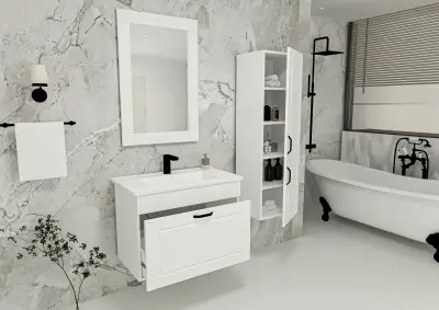 Moderno Bathroom Washbasin Cabinet with Framed Wall Mirror, Sink & Side Cabinet Set - White