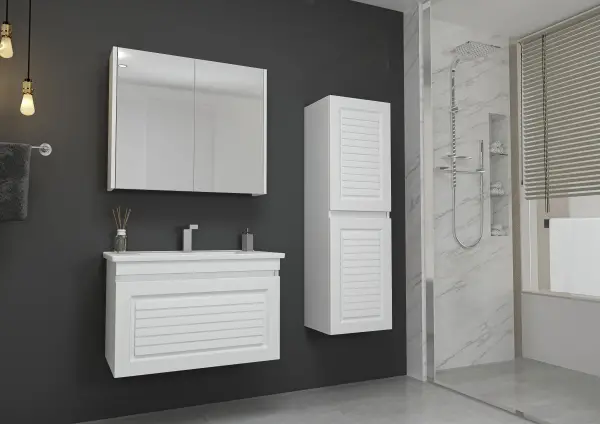 Helenka Bathroom Top-Bottom Washbasin Cabinets with Mirror, Sink & Side Cabinet Set - White