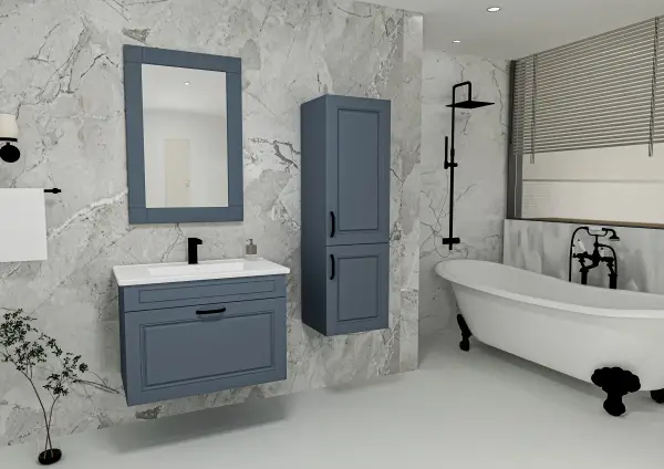 Moderno Bathroom Washbasin Cabinet with Framed Wall Mirror, Sink & Side Cabinet Set - Ireland Blue