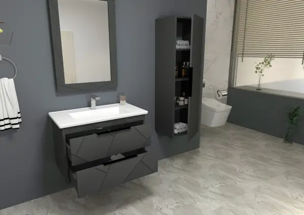 Keops Bathroom Washbasin Cabinet with Framed Wall Mirror, Sink & Side Cabinet Set - Anthracite