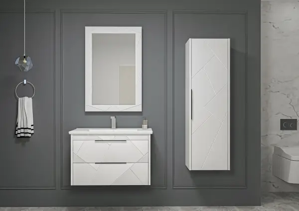 Keops Bathroom Washbasin Cabinet with Framed Wall Mirror, Sink & Side Cabinet Set - White
