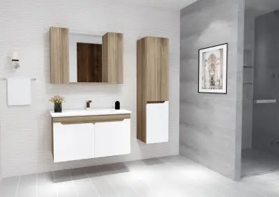 Leny Bathroom Top-Bottom Washbasin Cabinet with Mirror, Sink & Side Cabinet Set - Walnut & W