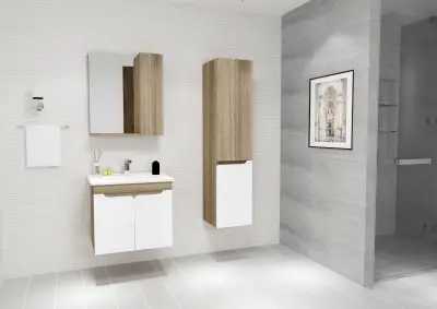 Leny Bathroom Top-Bottom Washbasin Cabinet with Mirror, Sink & Side Cabinet Set - Walnut & W