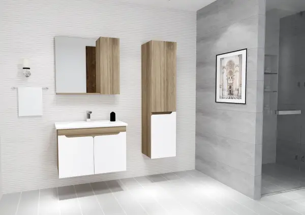 Leny Bathroom Top-Bottom Washbasin Cabinet with Mirror, Sink & Side Cabinet Set - Walnut & White