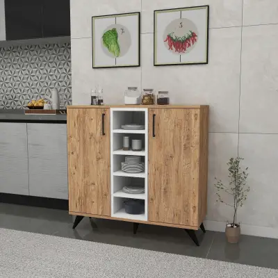 Leander Kitchen Cabinet with Shelves - Atlantic Pine & White