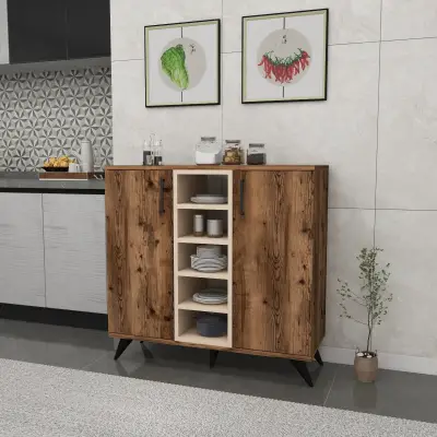 Leander Kitchen Cabinet with Shelves - Light Walnut & Beige