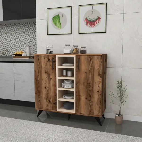 Leander Kitchen Cabinet with Shelves - Light Walnut & Beige