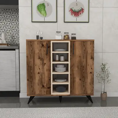 Leander Kitchen Cabinet with Shelves - Light Walnut & Beige