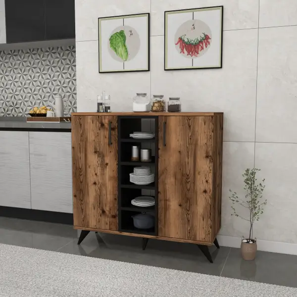 Leander Kitchen Cabinet with Shelves - Light Walnut & Black