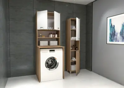 Bion Top-Bottom Washing Machine Cabinet with Side High Cabinet - Oak & White