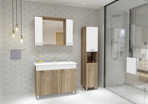 Bion Bathroom Top-Bottom Washbasin Cabinet with Mirror, Sink & Side Cabinet Set - Walnut & White