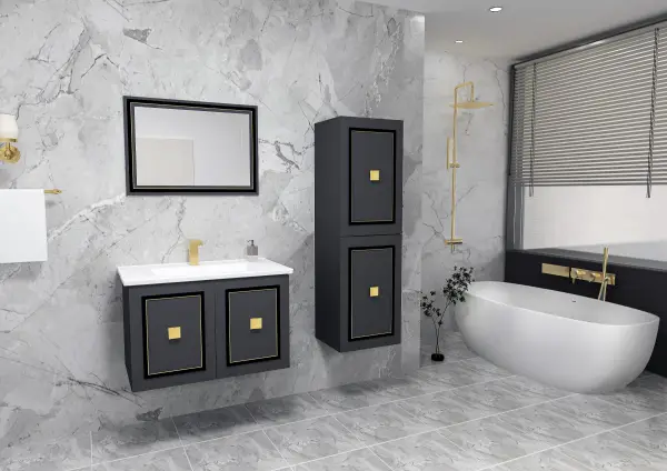 Larissa Bathroom Washbasin Cabinet with Framed Wall Mirror, Sink & Side Cabinet Set - Anthracite