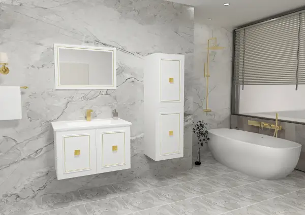 Larissa Bathroom Washbasin Cabinet with Framed Wall Mirror, Sink & Side Cabinet Set - White