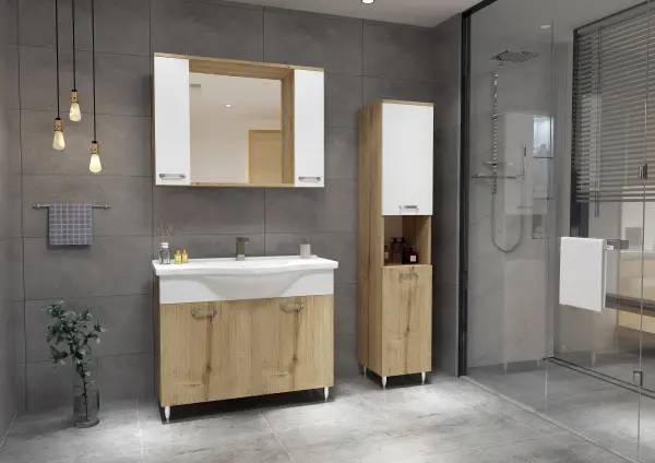 Vera Bathroom Top-Bottom Washbasin Cabinet with Mirror, Sink & Side Cabinet Set - Oak & White