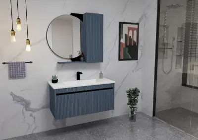 Regnum Bathroom Top-Bottom Washbasin Cabinet Mirror and Sink Set - Ireland Blue & Black