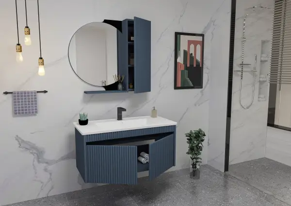 Regnum Bathroom Top-Bottom Washbasin Cabinet Mirror and Sink Set - Ireland Blue & Black