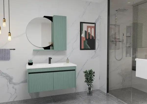 Regnum Bathroom Top-Bottom Washbasin Cabinet Mirror and Sink Set - Light Green & Black