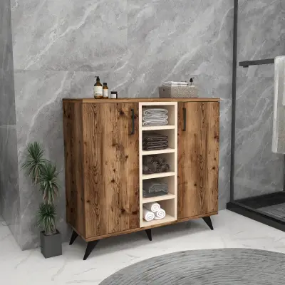 Leander Bathroom Cabinet with Shelves - Light Walnut & Beige