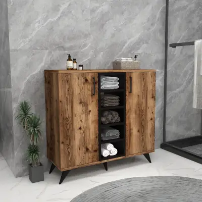 Leander Bathroom Cabinet with Shelves - Light Walnut & Black