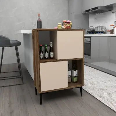 Jeremy Kitchen Cabinet with Shelves - Light Walnut & Beige