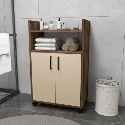 Tyler Bathroom Cabinet with Shelves - Light Walnut & Beige