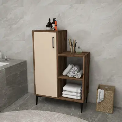 Beate Bathroom Cabinet with Shelves - Light Walnut & Beige