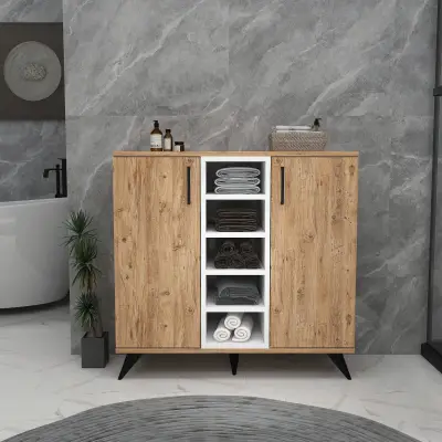 Leander Bathroom Cabinet with Shelves - Light Walnut & Beige