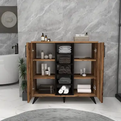 Leander Bathroom Cabinet with Shelves - Light Walnut & Black