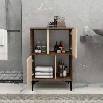 Jeremy Bathroom Cabinet with Shelves - Light Walnut & Beige