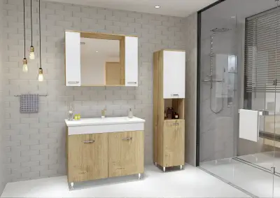 Bion Bathroom Top-Bottom Washbasin Cabinet with Mirror, Sink & Side Cabinet Set - Oak & Whit