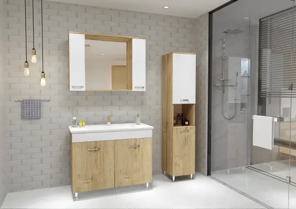 Bion Bathroom Top-Bottom Washbasin Cabinet with Mirror, Sink & Side Cabinet Set - Oak & White