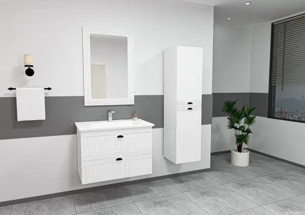 Sanvela Bathroom Washbasin Cabinet with Framed Wall Mirror, Sink & Side Cabinet Set - White