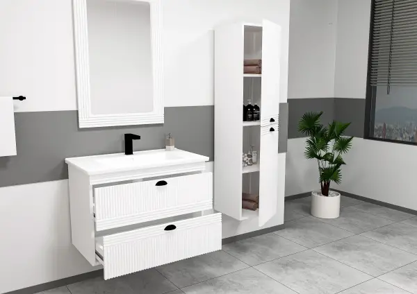 Sanvela Bathroom Washbasin Cabinet with Framed Wall Mirror, Sink & Side Cabinet Set - White