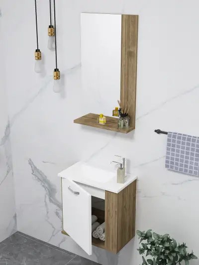 Tina Bathroom Bottom Washbasin Cabinet with Wall Mirror & Single Ceramic Sink - Walnut & Whi