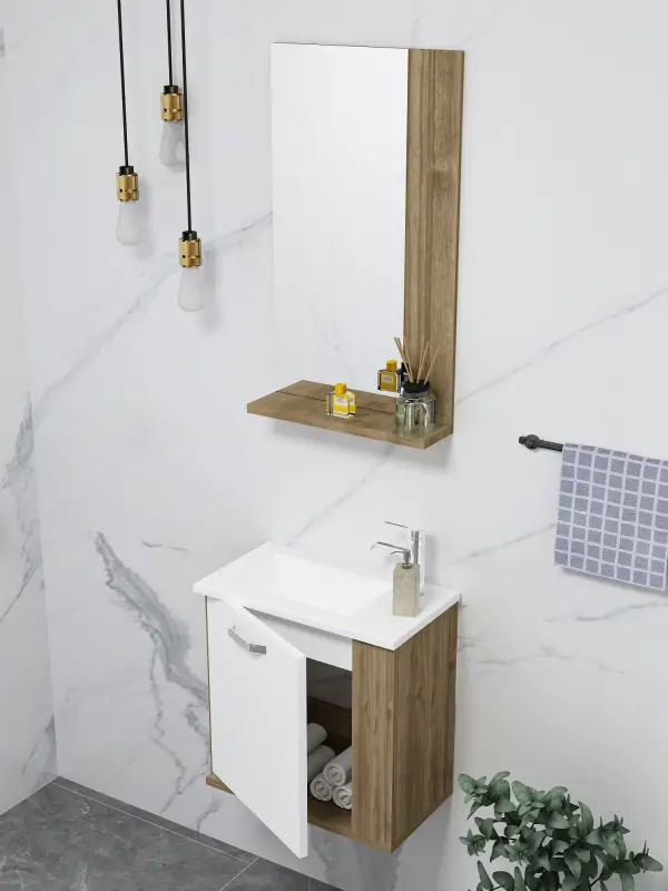 Tina Bathroom Bottom Washbasin Cabinet with Wall Mirror & Single Ceramic Sink - Walnut & White