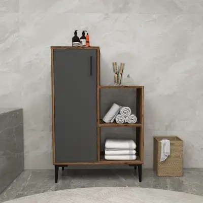 Beate Bathroom Cabinet with Shelves - Light Walnut & Anthracite