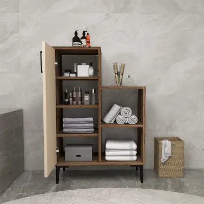 Beate Bathroom Cabinet with Shelves - Light Walnut & Beige