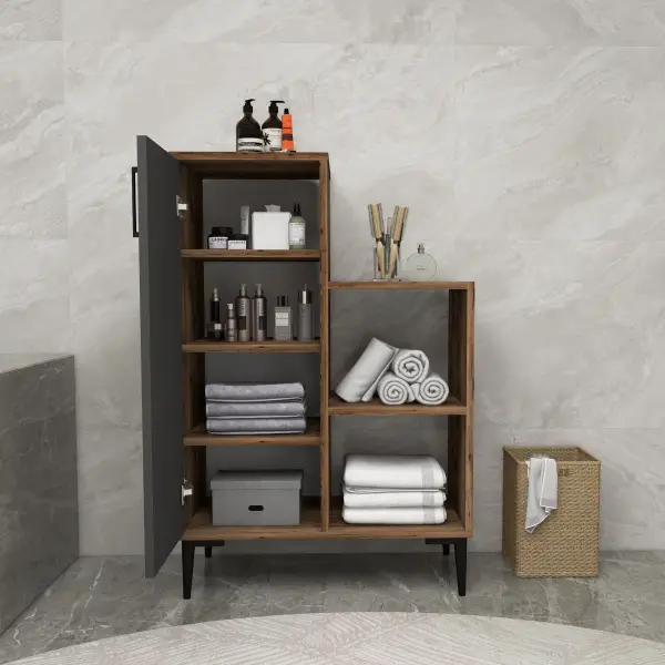 Beate Bathroom Cabinet with Shelves - Light Walnut & Anthracite